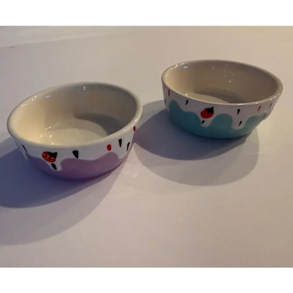 Set of 2 Ceramic Small Animal Food Bowls Ice Cream Sprinkle Pattern 3.5x1